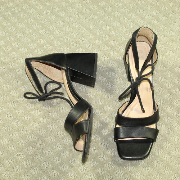 Gianni Bini Late-Nite Wm 9.5M Black Leather Ankle Tie Square 3" Chunky Heels - Picture 1 of 6